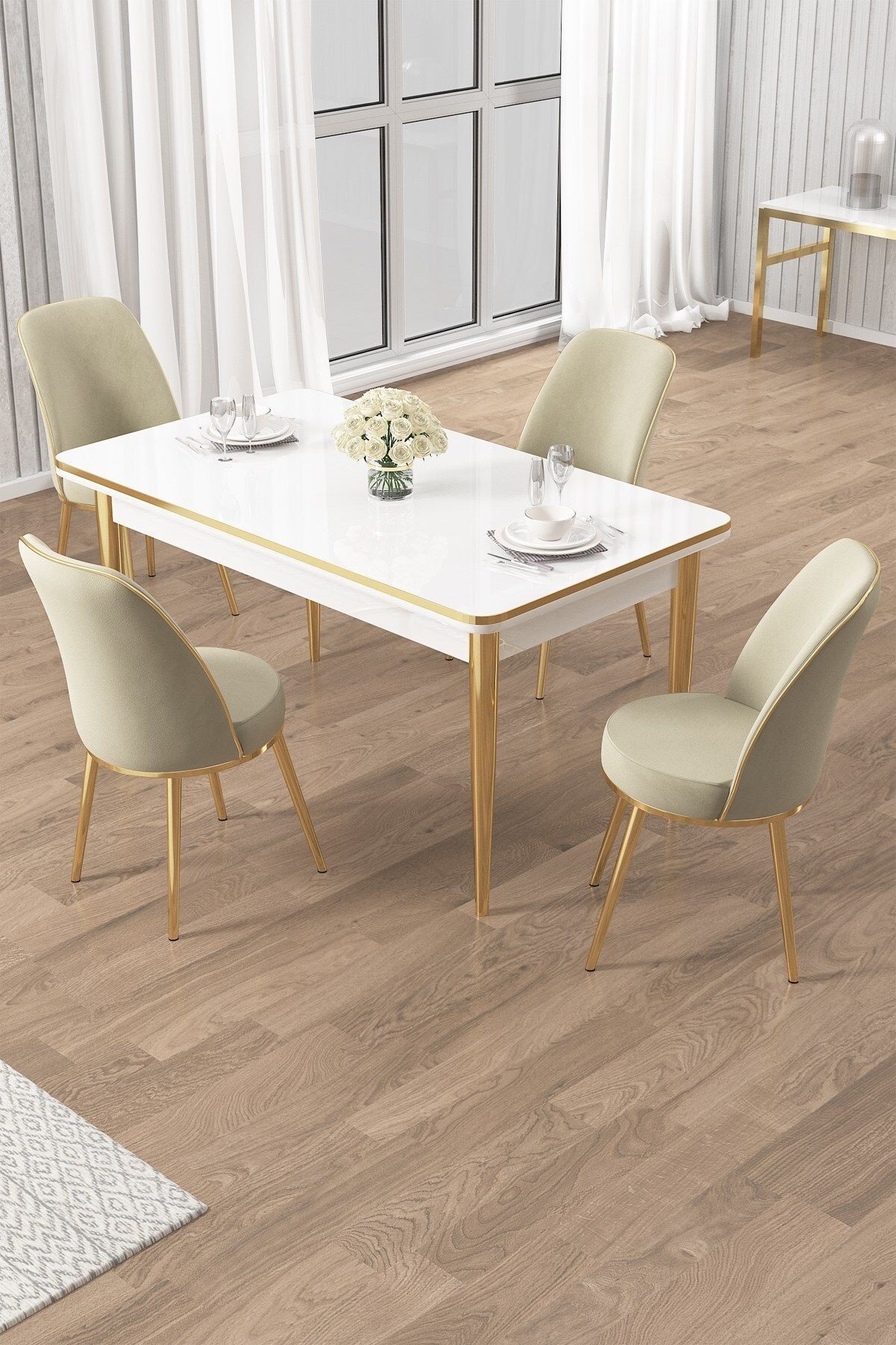 Rewa Serisi 70x110 Sabit Beyaz Gold Detay Masa Takımı ve 4 Krem Sandalye
