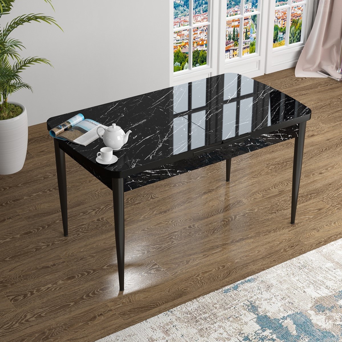 Han Serisi, 70x114 Açılabilir Mdf Yemek Masası, Siyah Mermer Desen Masa