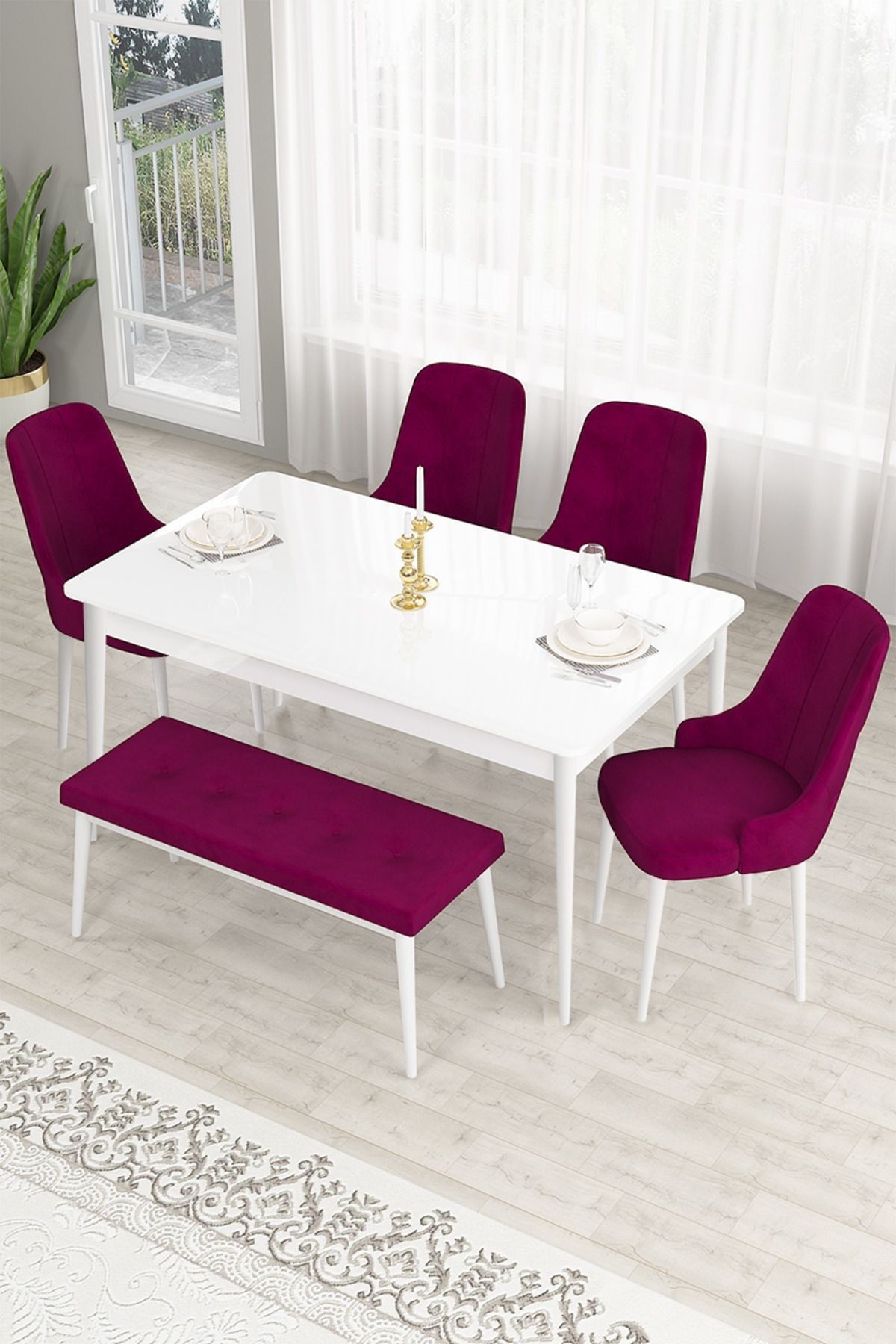 Lav Serisi 80x130 Sabit Beyaz Masa Takımı 4 Sandalye Ve 1 Bench