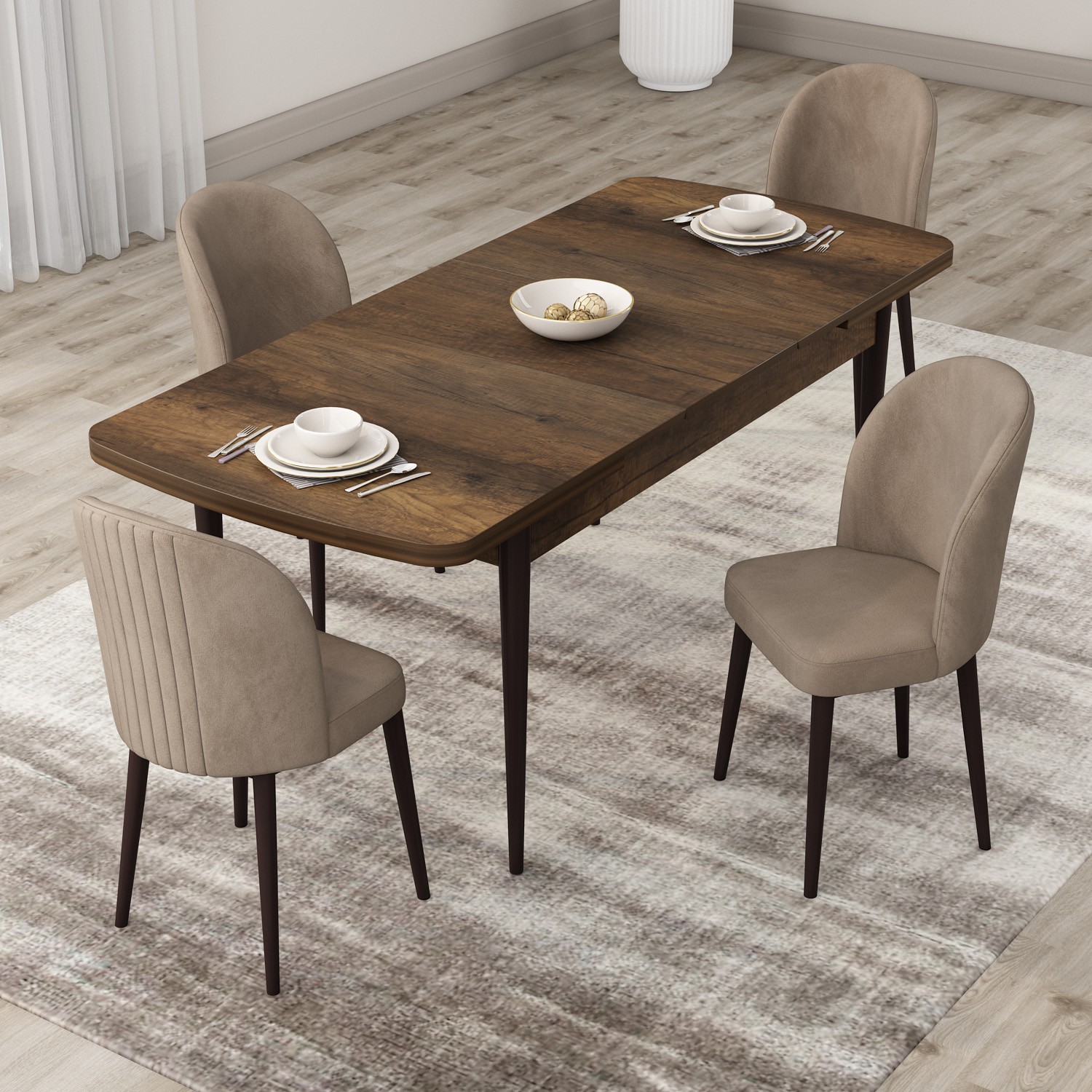 Roe Serisi 80x132 Açılabilir Barok Ahşap Desen Masa Takımı Ve 4 Sandalye