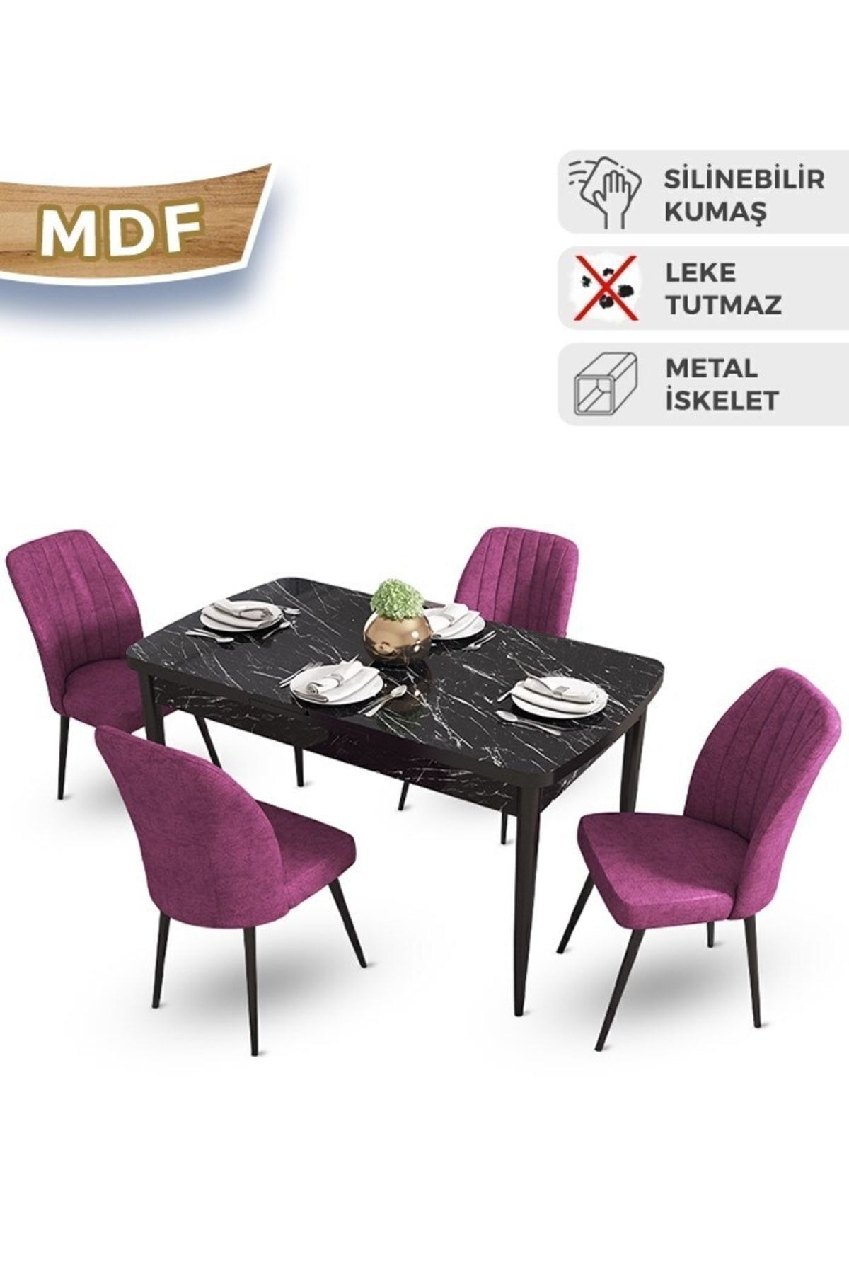 masa siyah mermer desen sandalye mor