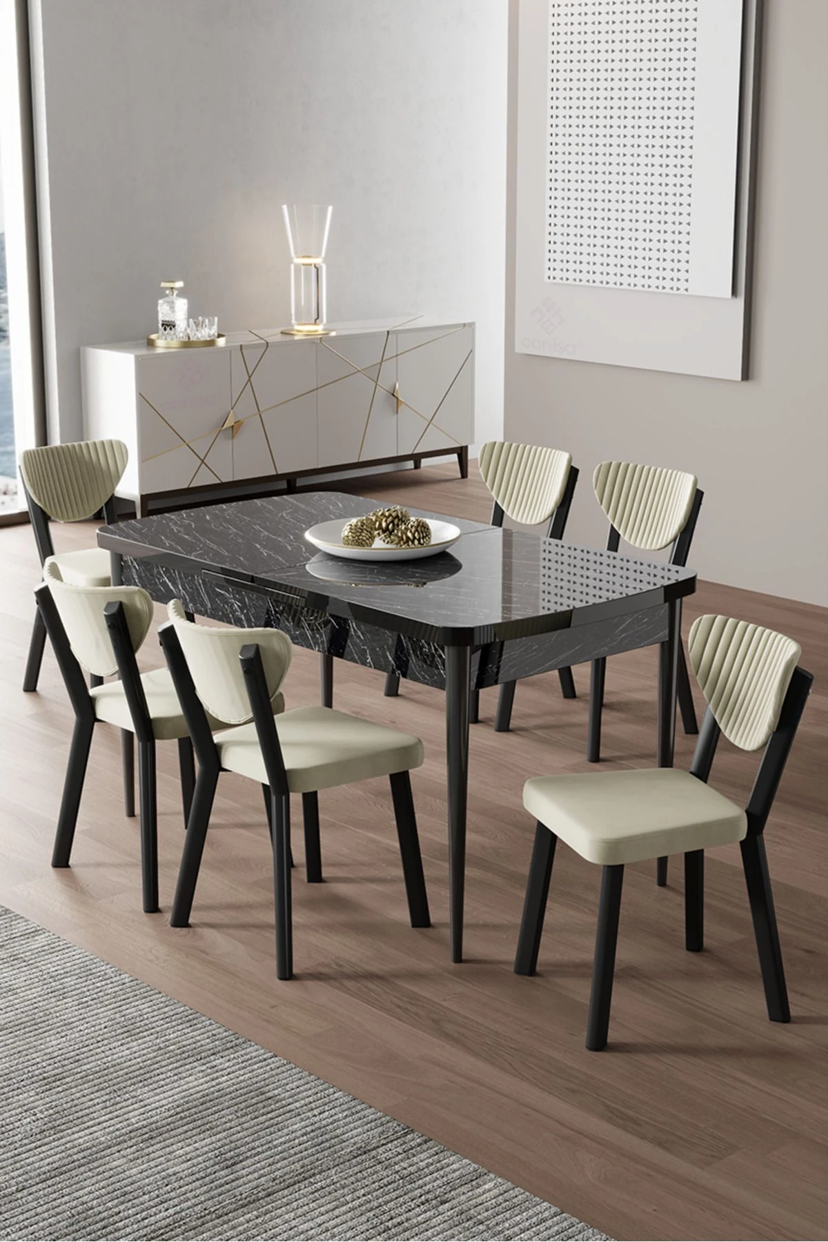 Exve Serisi 80x132 Açılabilir Siyah Mermer Desen Masa Takımı ve 6 Sandalye