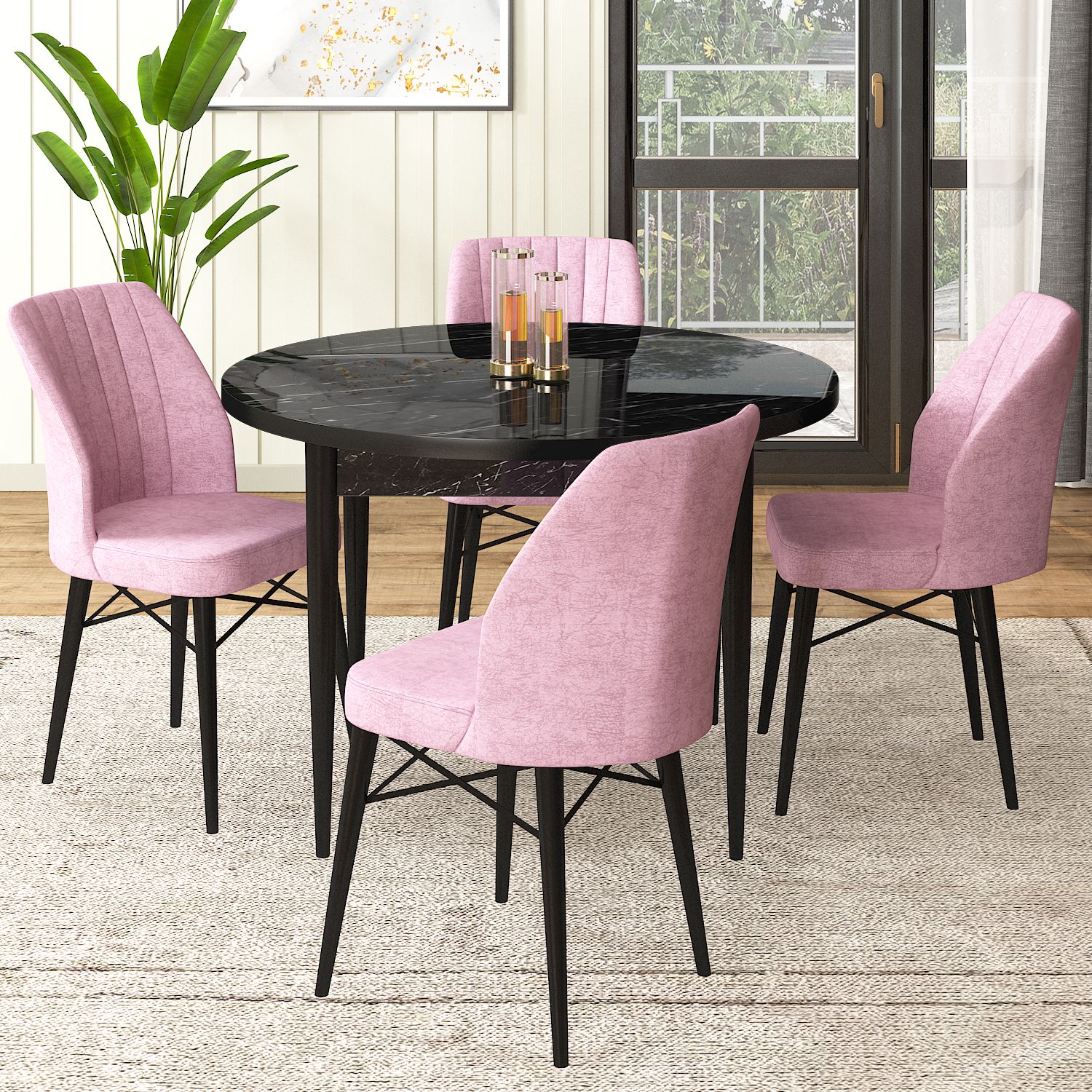 Pembe Sandalye Siyah Mermer Desen Masa