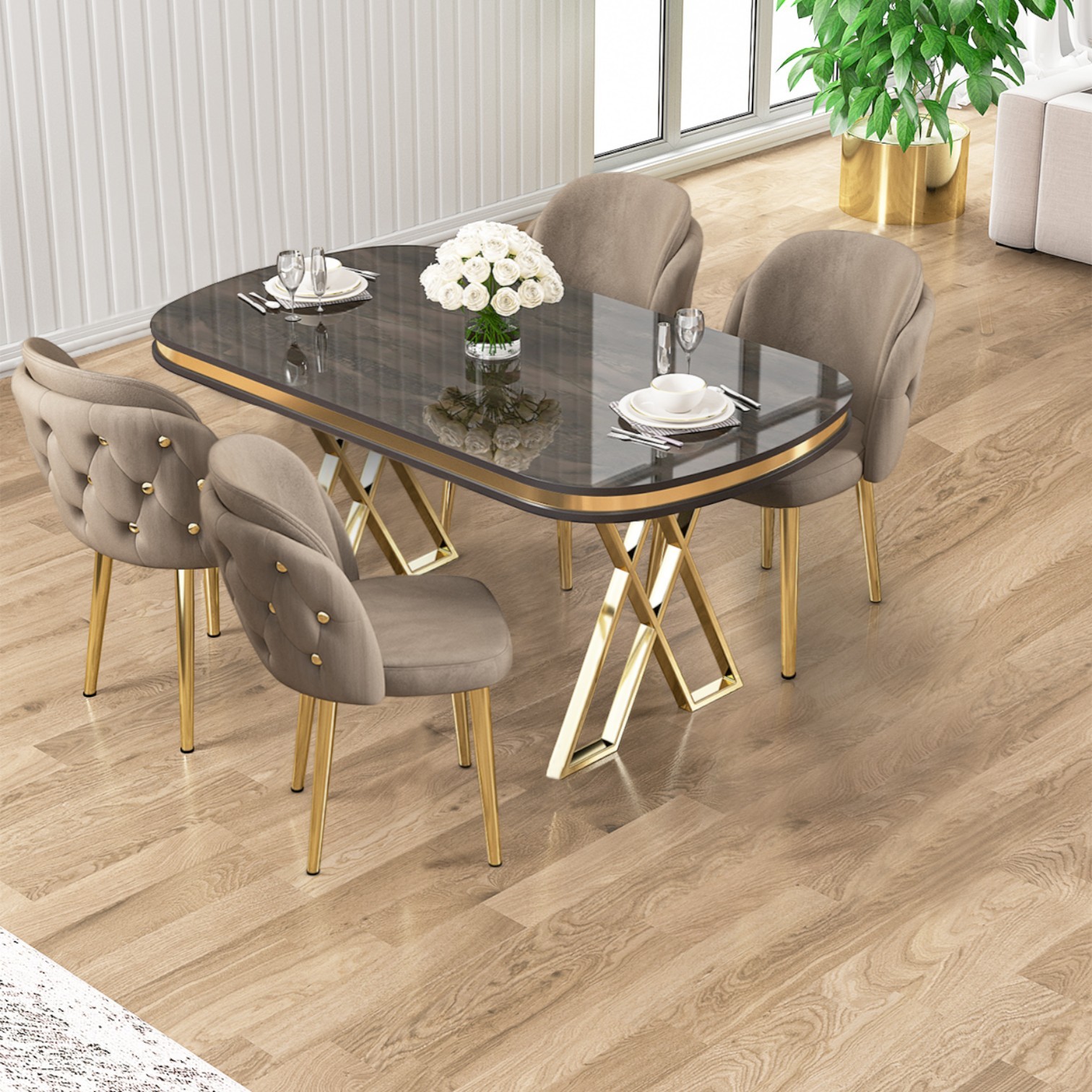Antrasit İroni Masa Cappucino Sandalye Gold Ayak