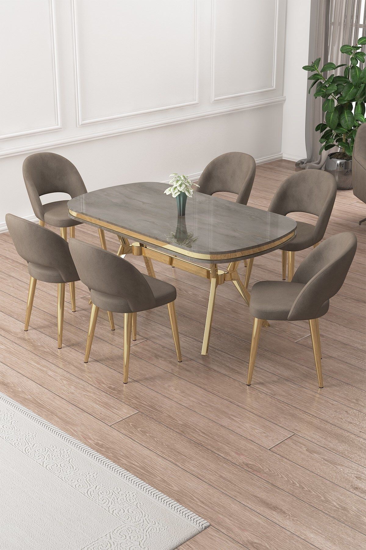 Jita Serisi 90x168 Lak Panel Antrasit İroni Masa ve 6 Sandalye Gold Kaplama Ayak