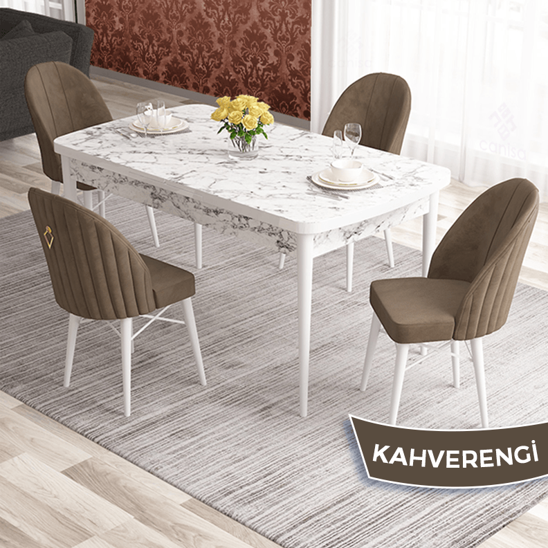 masa beyaz mermer desen sandalye kahverengi
