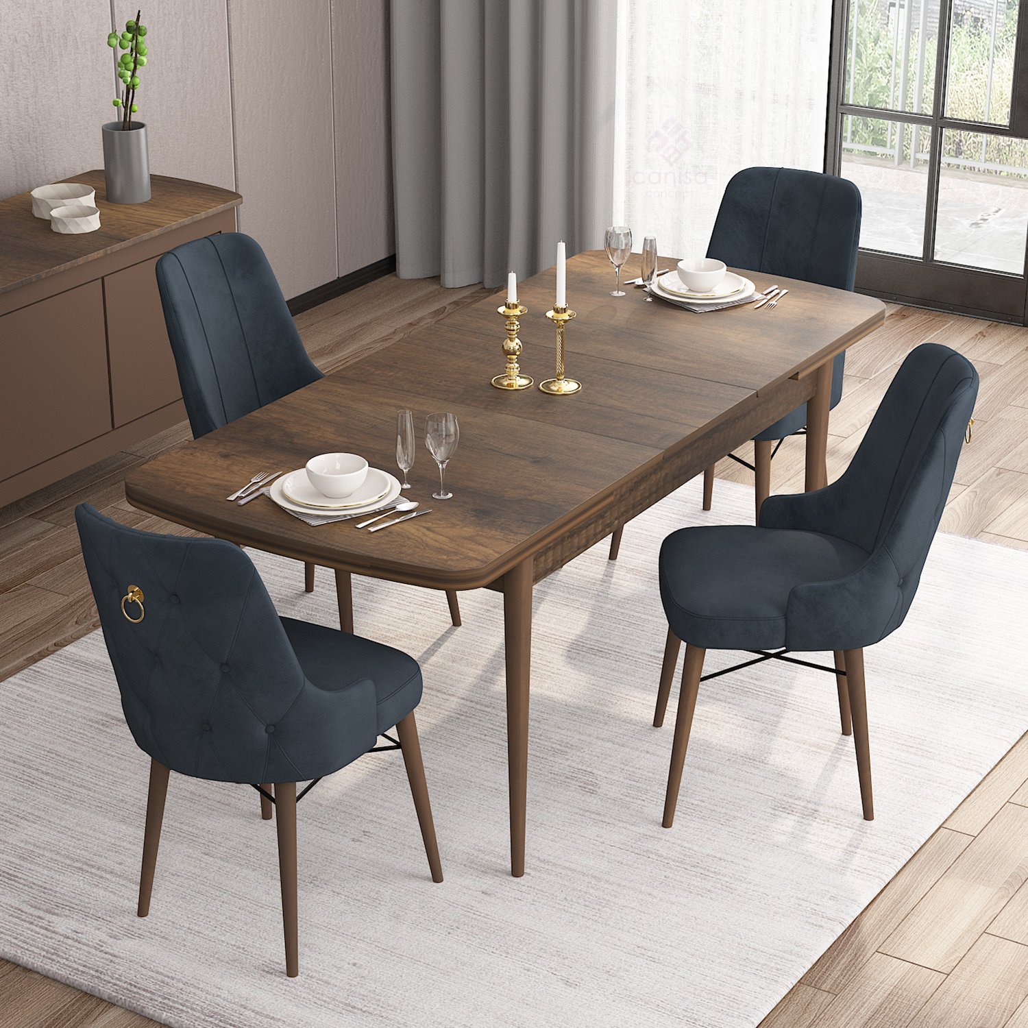 Are Serisi 80x132 Mdf Açılabilir Gold Halka Barok Ahşap Desen Masa Takımı Ve 4 Sandalye