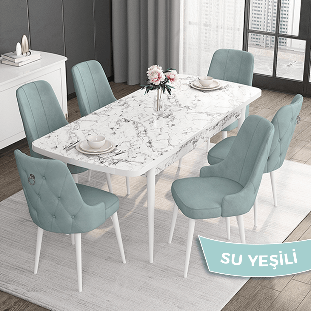 Su yeşili sandalye beyaz mermer desen masa