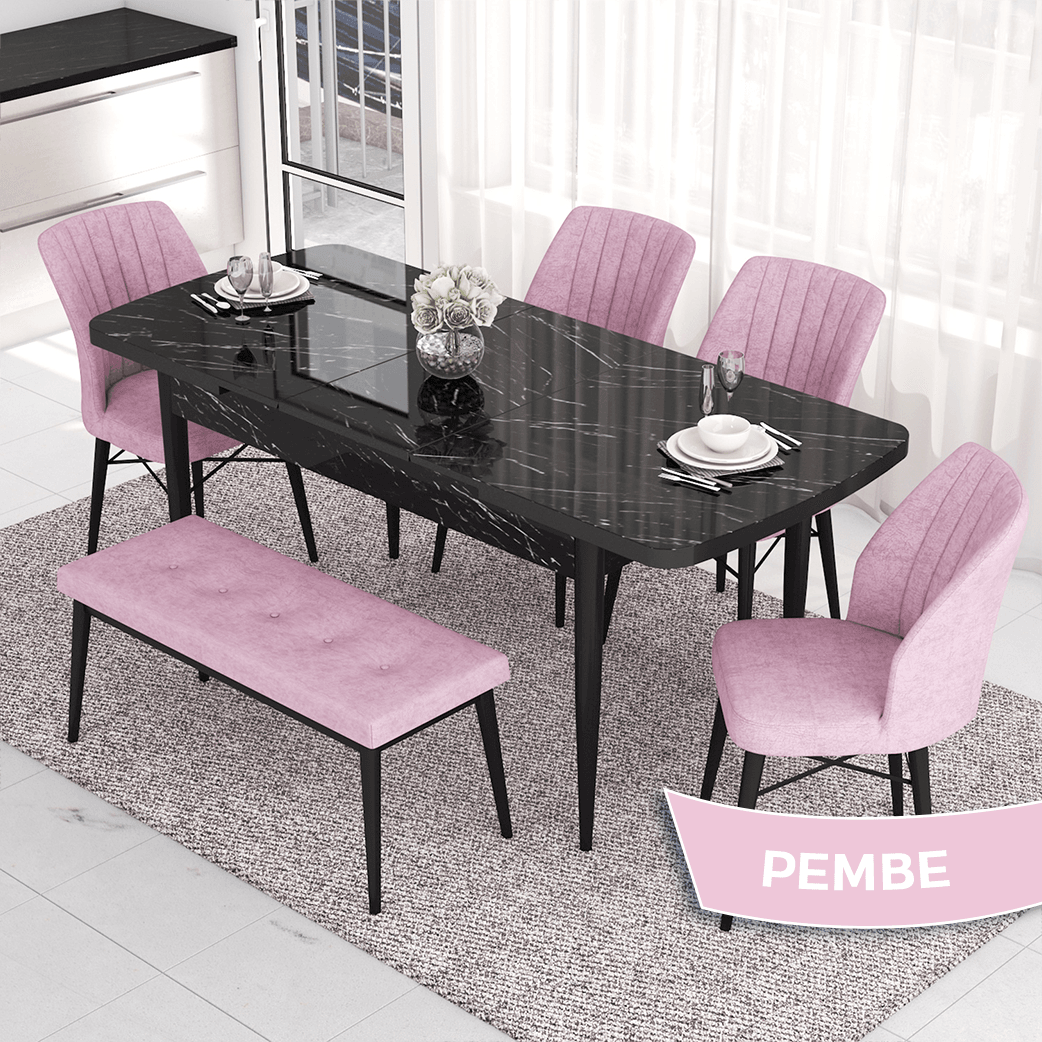 masa siyah mermer desen sandalyeler ve bench pembe