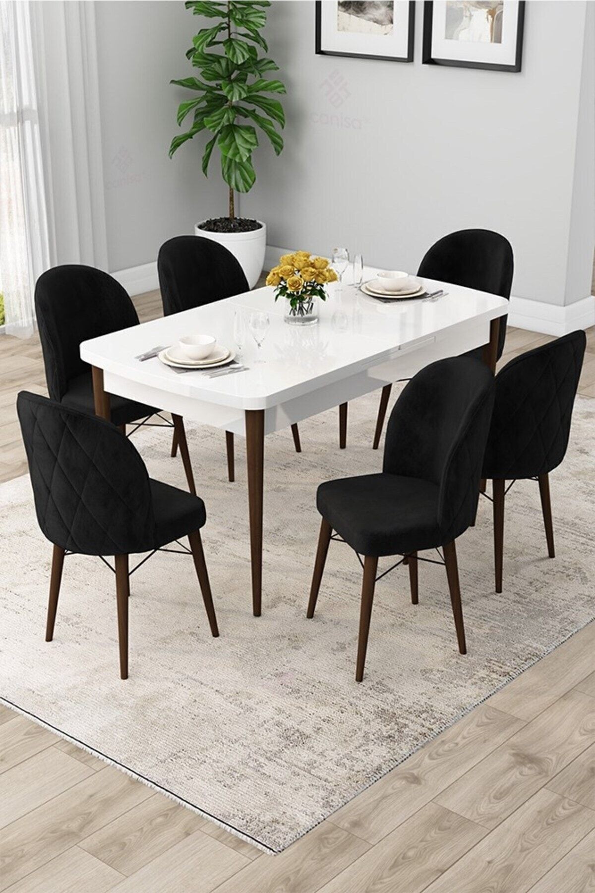 Rut Serisi Açılabilir 80x132 Beyaz Yemek Odası Takımı 4 Sandalye 1 Bench