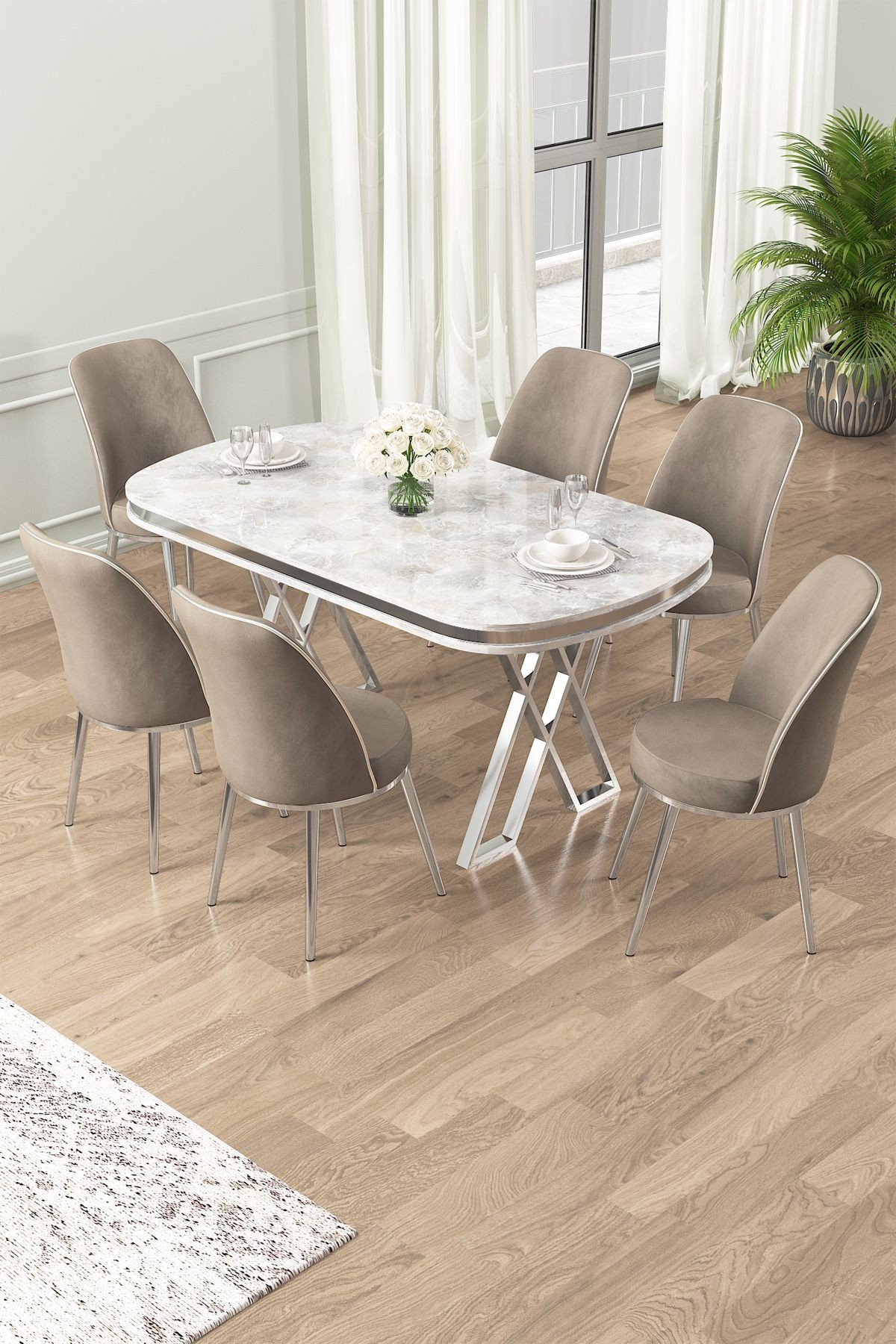 Lai Serisi 90x168 Lak Panel Beyaz Mermer Desen Masa ve 6 Sandalye Krom Kaplama Ayak