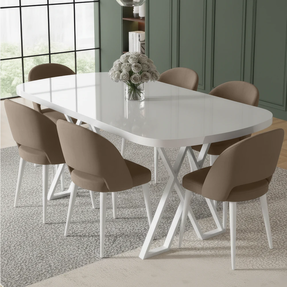 Arvon Serisi MDF 90x168 Sabit Beyaz Mutfak Masa Takımı 6 Sandalye