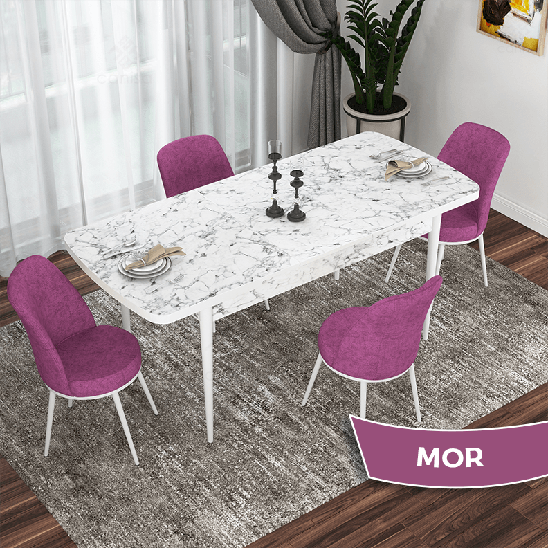 masa beyaz mermer desen sandalye mor