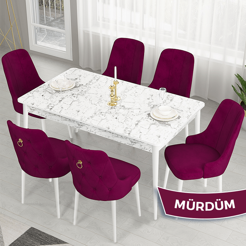 Lav Serisi 80x130 Sabit Beyaz Mermer Desen Masa Takımı Ve 6 Sandalye