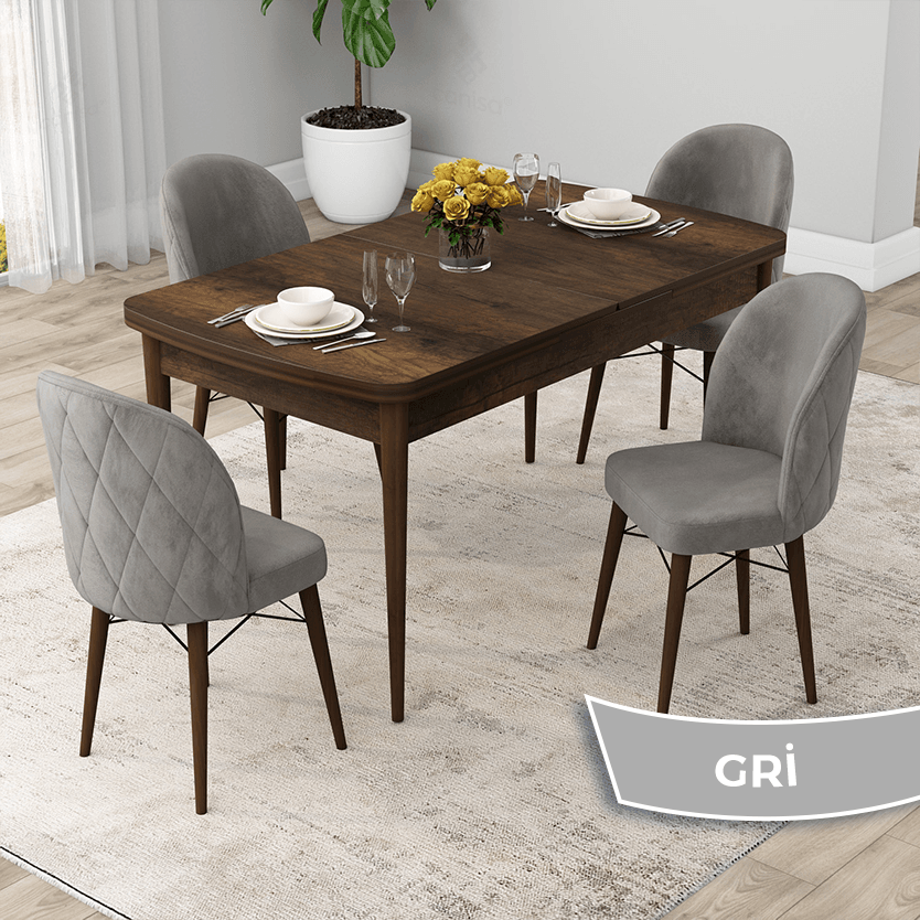 Rut Serisi 80x132 Açılabilir Barok Ahşap Desen Masa Takımı Ve 4 Sandalye