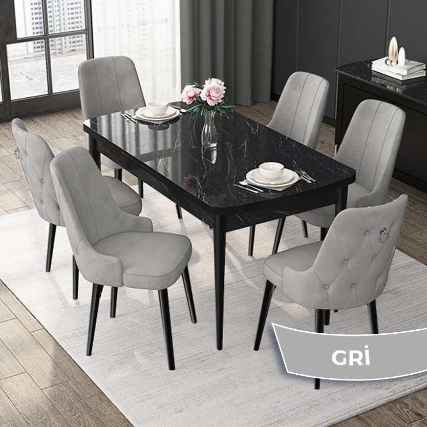 Gri Sandalye Siyah Mermer Desen Masa