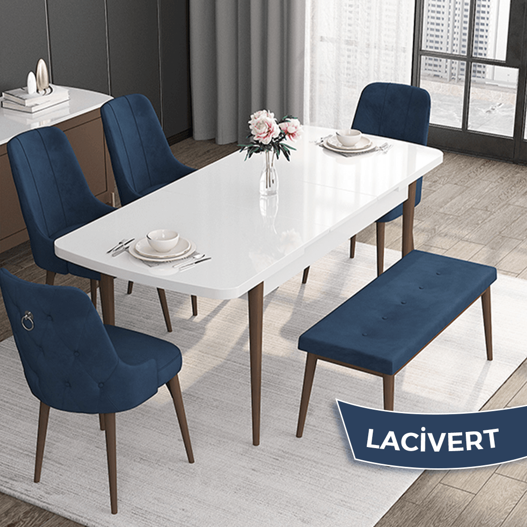 Noa Serisi 80x132 Mdf Açılabilir Gümüş Halka Beyaz Masa Ceviz Ayak Masa Takımı Ve 4 Sandalye Ve 1 Bench