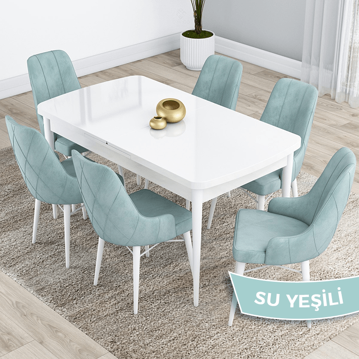 Kar Serisi 80X132 Mdf Açılabilir Beyaz Masa Takımı Ve 6 Sandalye