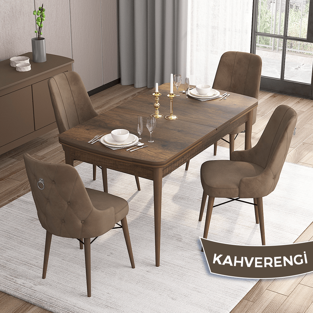 Kahverengi Sandalye Barok Ahşap Desen Masa