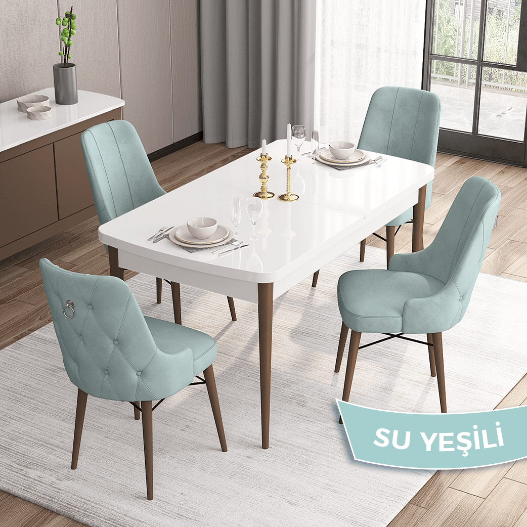 Are Serisi 80x132 Mdf Açılabilir Gümüş Halka Beyaz Masa Ceviz Ayak Masa Takımı Ve 4 Sandalye
