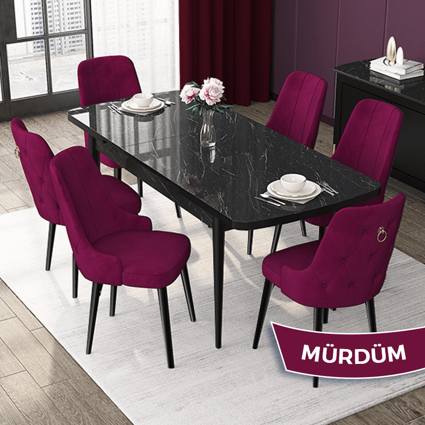 Mürdüm Sandalye Siyah Mermer Desen Masa