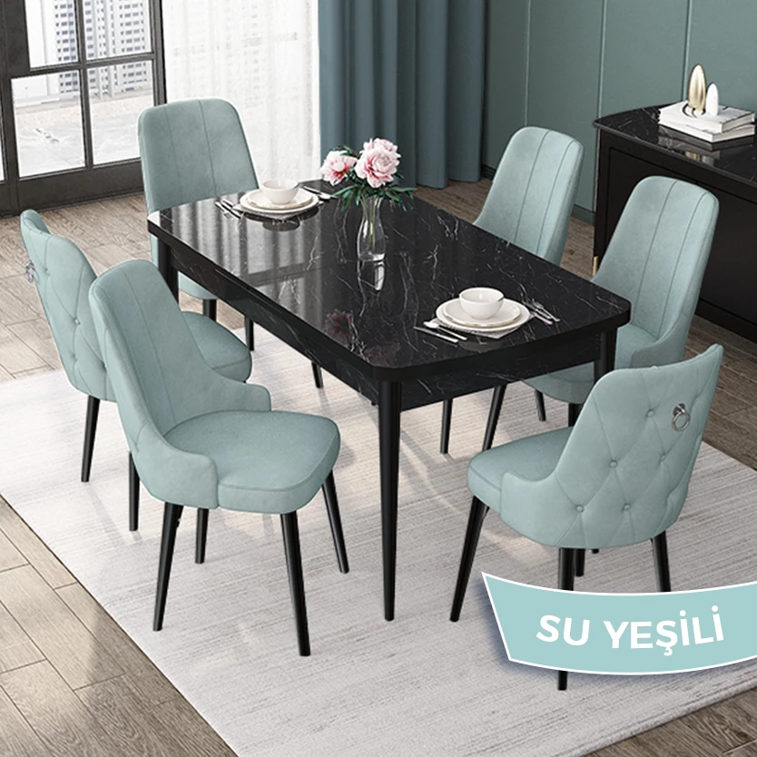 Su Yeşili Sandalye Siyah Mermer Desen Masa