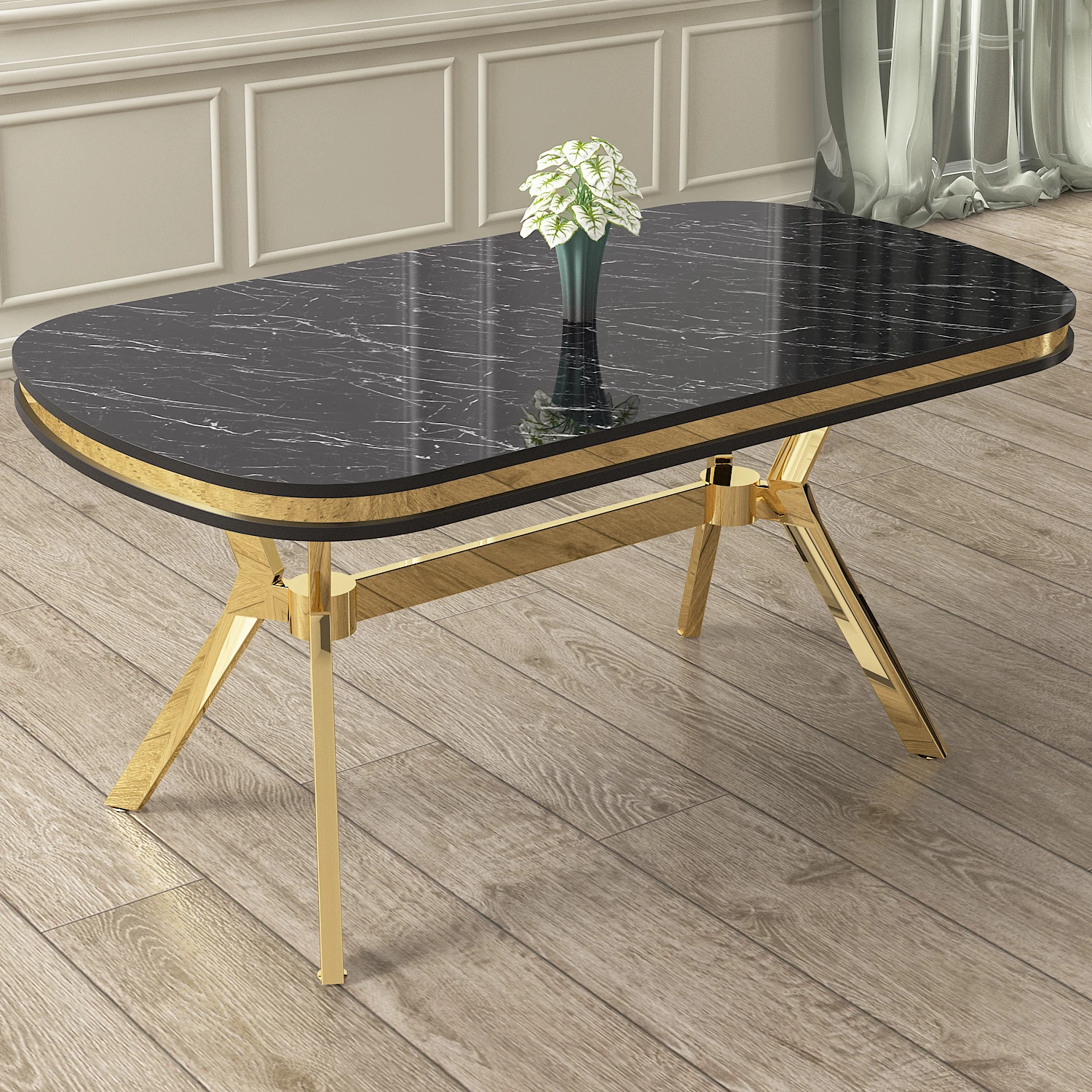 Olya Serisi 90x168 Lak Panel Sonata Masa Takımı Gold Ayaklı 4 Sandalye