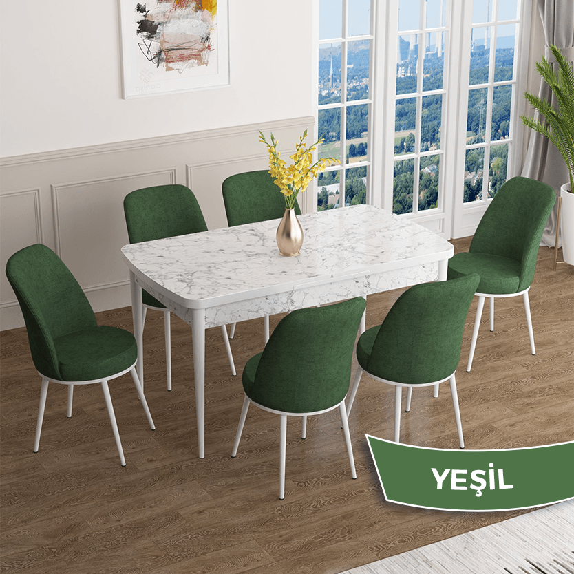 masa beyaz mermer desen sandalye haki yeşil