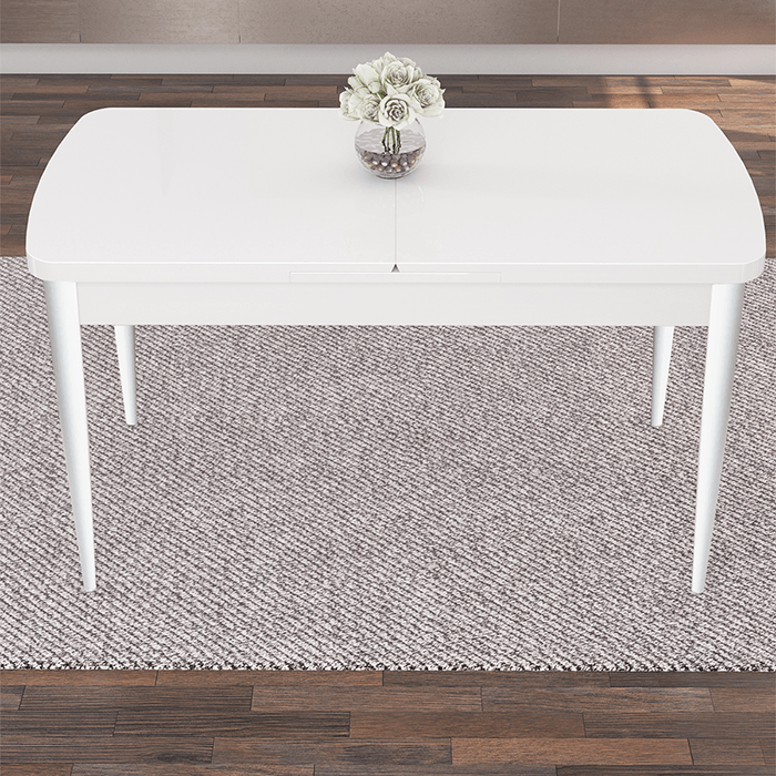 Nex Serisi 80x132 Mdf Açılabilir Gümüş Halka Beyaz Masa Takımı Ve 6 Sandalye