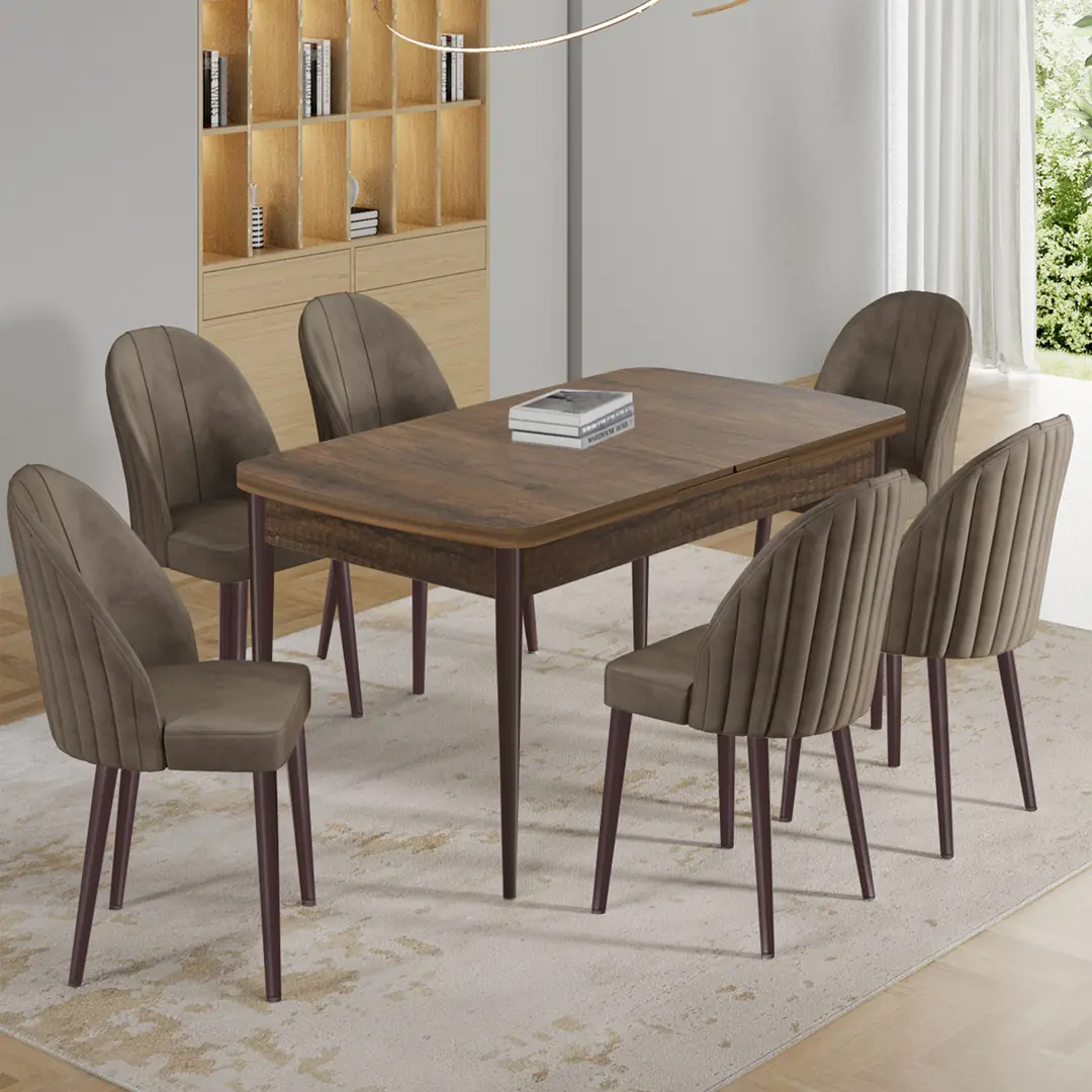 Enya Serisi 80x132 Açılabilir Barok Ahşap Desen Masa Takımı ve 6