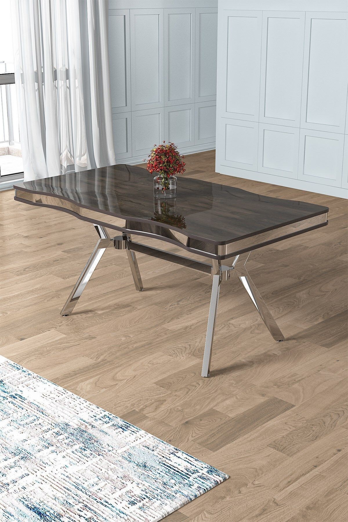 Prah Serisi 90x160 Lak Panel Antrasit İroni Masa ve 6 Sandalye Krom Kaplama Ayak
