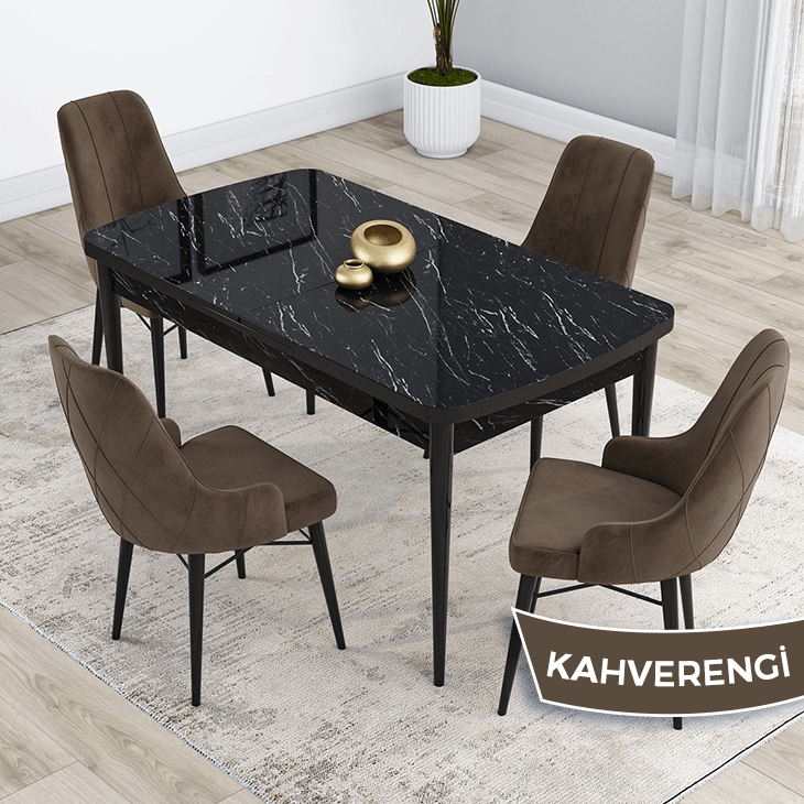 masa siyah mermer desen sandalye kahve