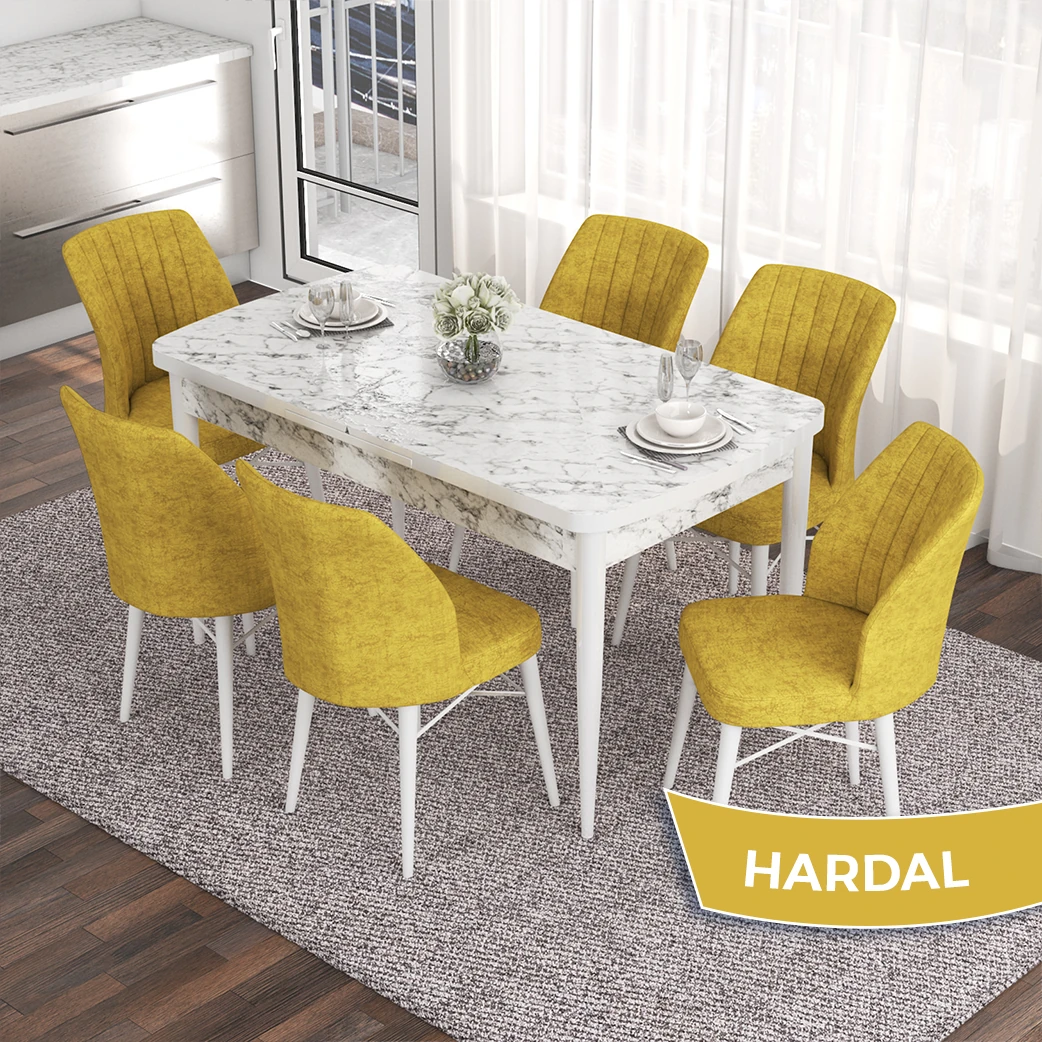 Beyaz Mermer Desen Masa / Hardal Sandalye
