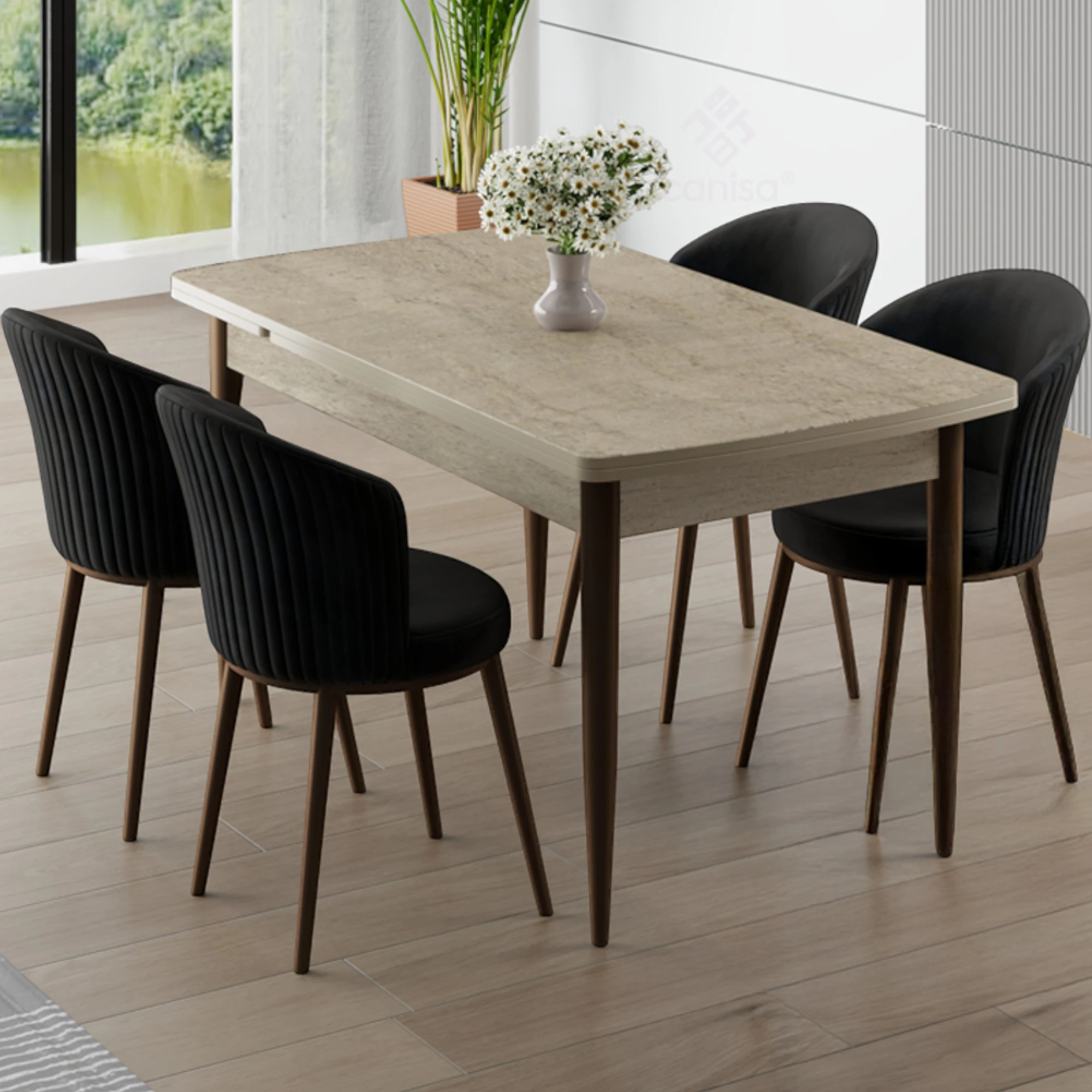 Traverten masa Siyah Sandalye