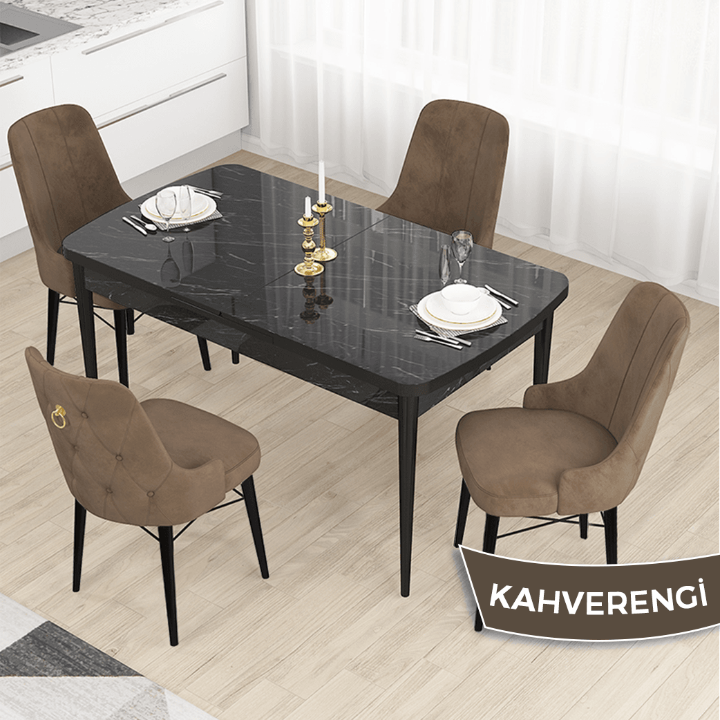 Kahve Sandalye Siyah Mermer Desen Masa