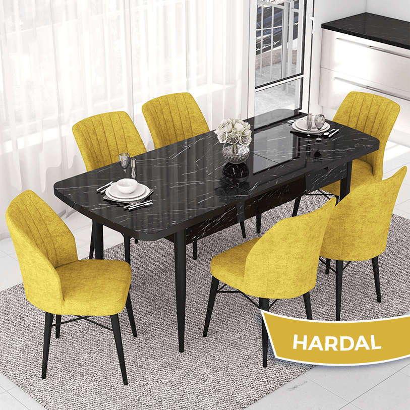 Nef Serisi 70x114 Açılabilir Mdf Siyah Mermer Desen Masa Takımı ve 6 Sandalye