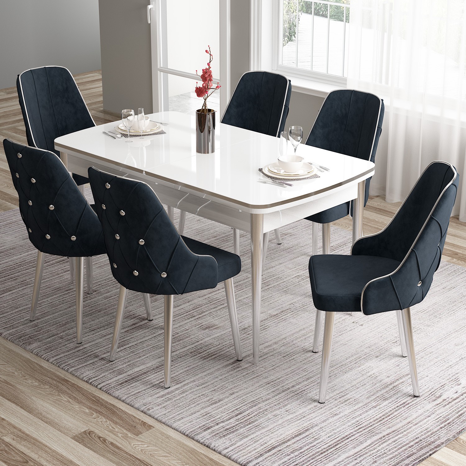Tia Serisi 80x132 Mdf Açılabilir Krom Ayak Beyaz Masa Takımı Ve 6 Sandalye