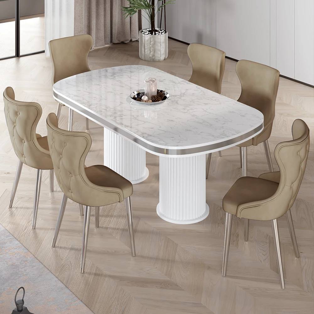 Beyaz Mermer Desen Masa Cappucino Sandalye