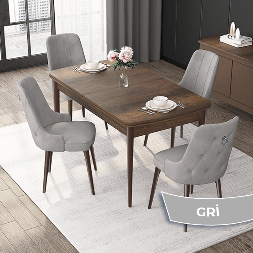 Nex Serisi 80x132 Mdf Açılabilir Gümüş Halka Barok Ahşap Desen Masa Takımı Ve 4 Sandalye