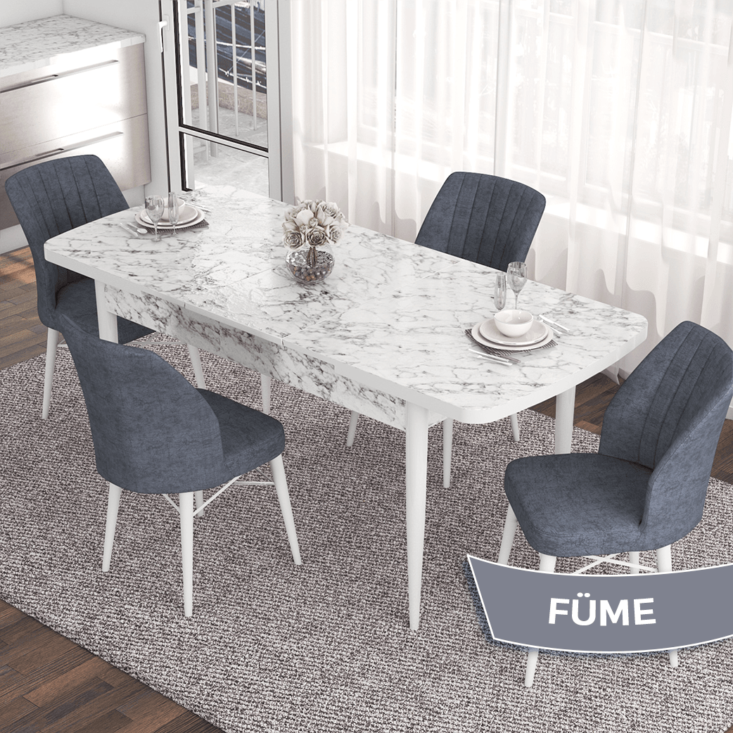 masa beyaz mermer desen sandalyeler füme