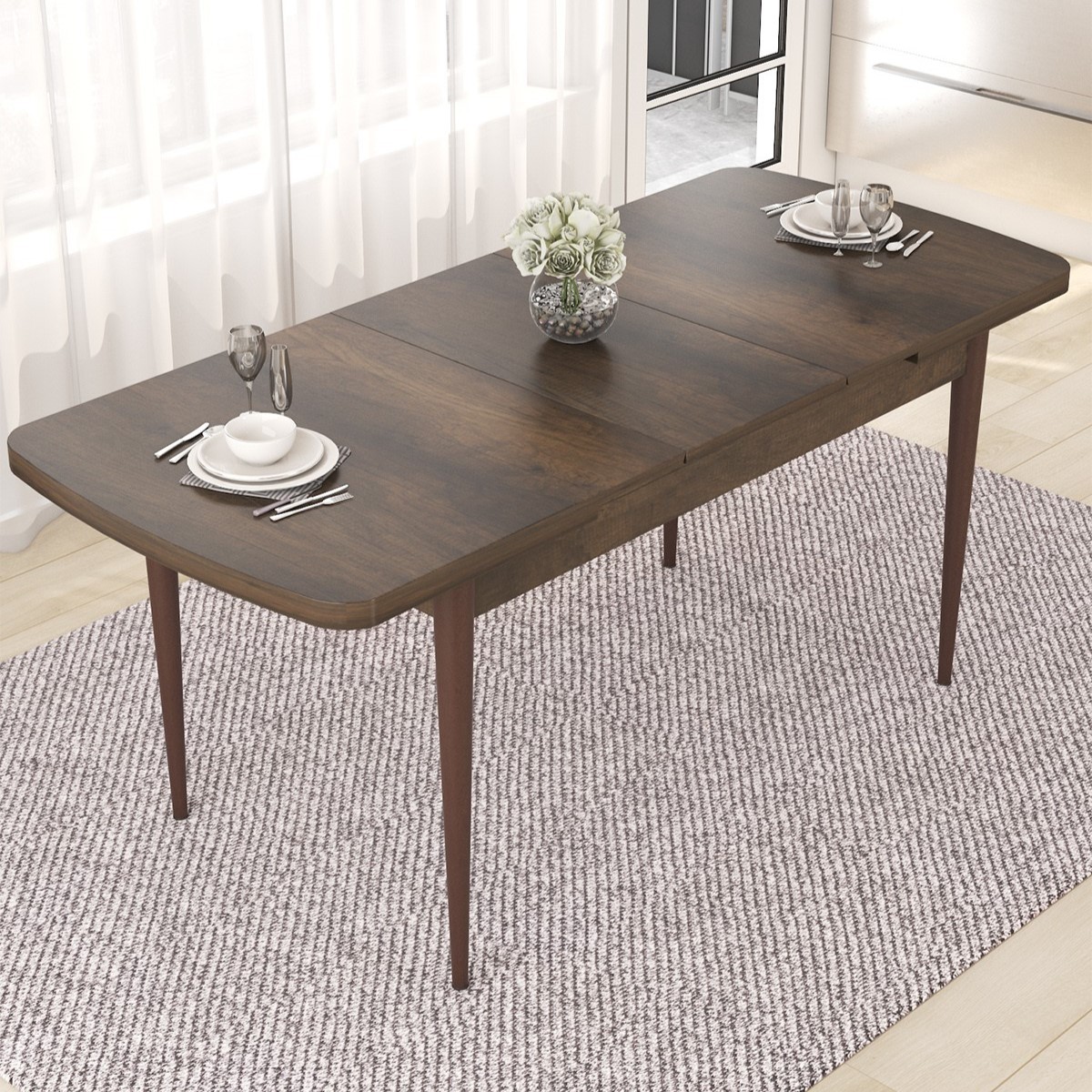 Nef Serisi 70x114 Açılabilir Mdf Barok Ahşap Desen Masa Takımı Ve 6 Sandalye