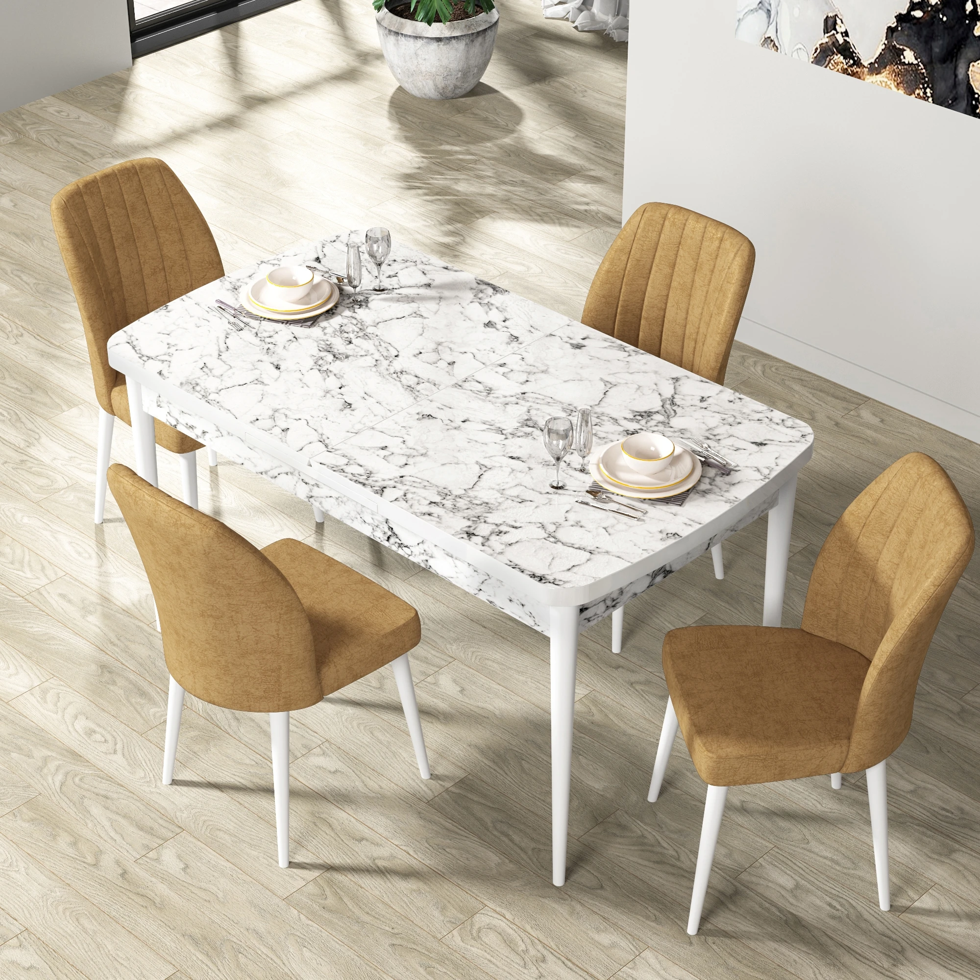 masa beyaz mermer sandalyeler cappucıno