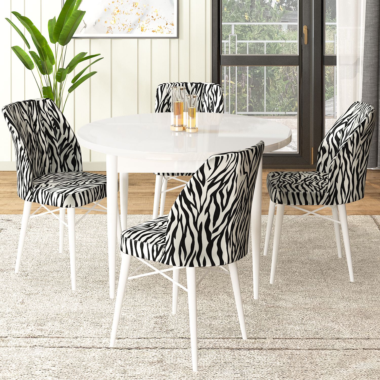 beyaz masa zebra desenn sandalyeler