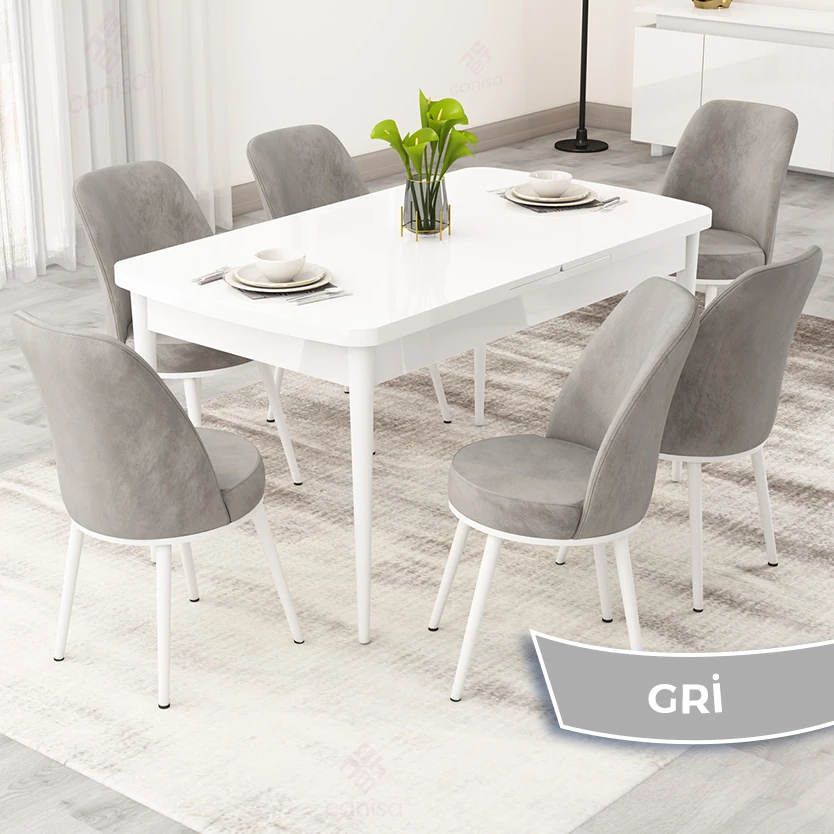 Rax Serisi 80x132 Açılabilir Beyaz Mutfak Masa Takımı ve 6 Sandalye