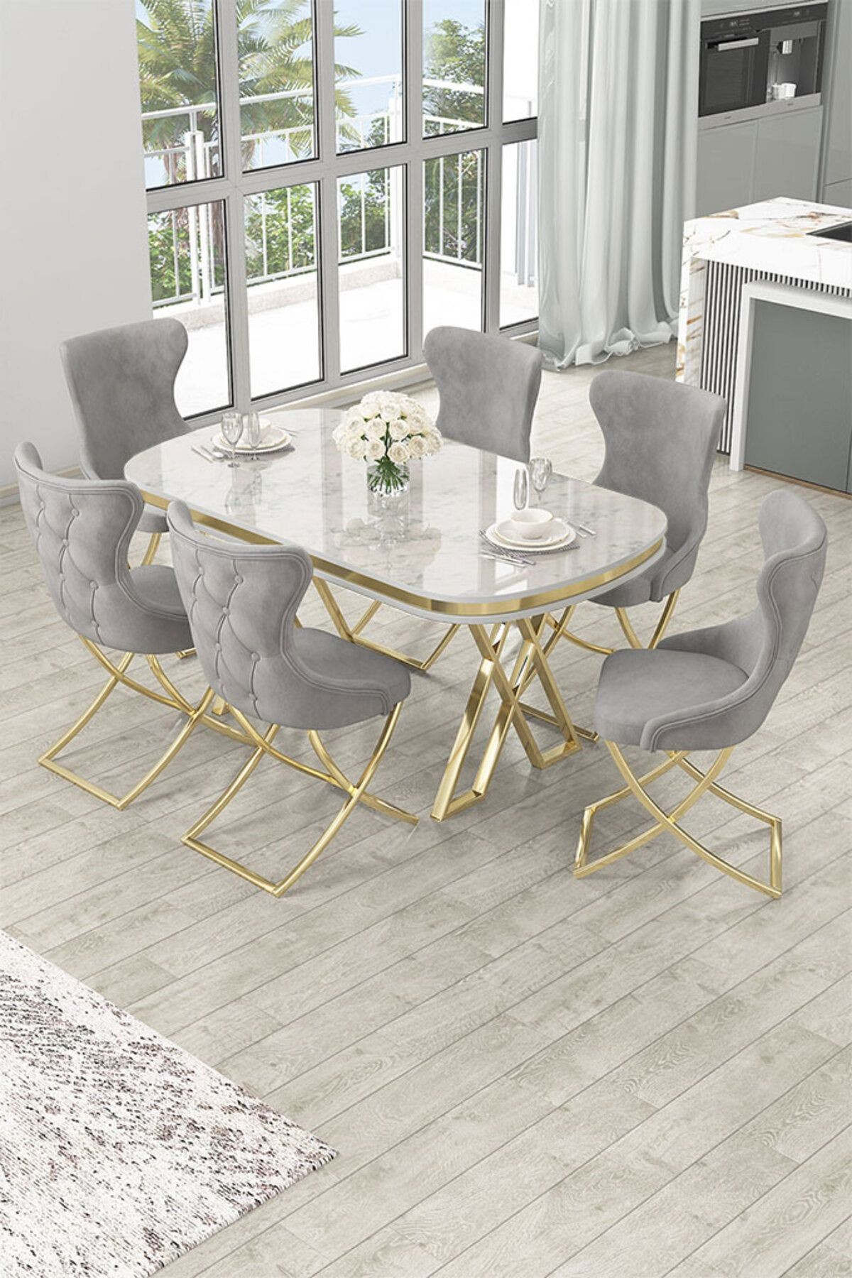 İra Serisi 90x168 Lak Panel Beyaz Mermer Desen Masa ve 6 Sandalye Gold Kaplama Ayak