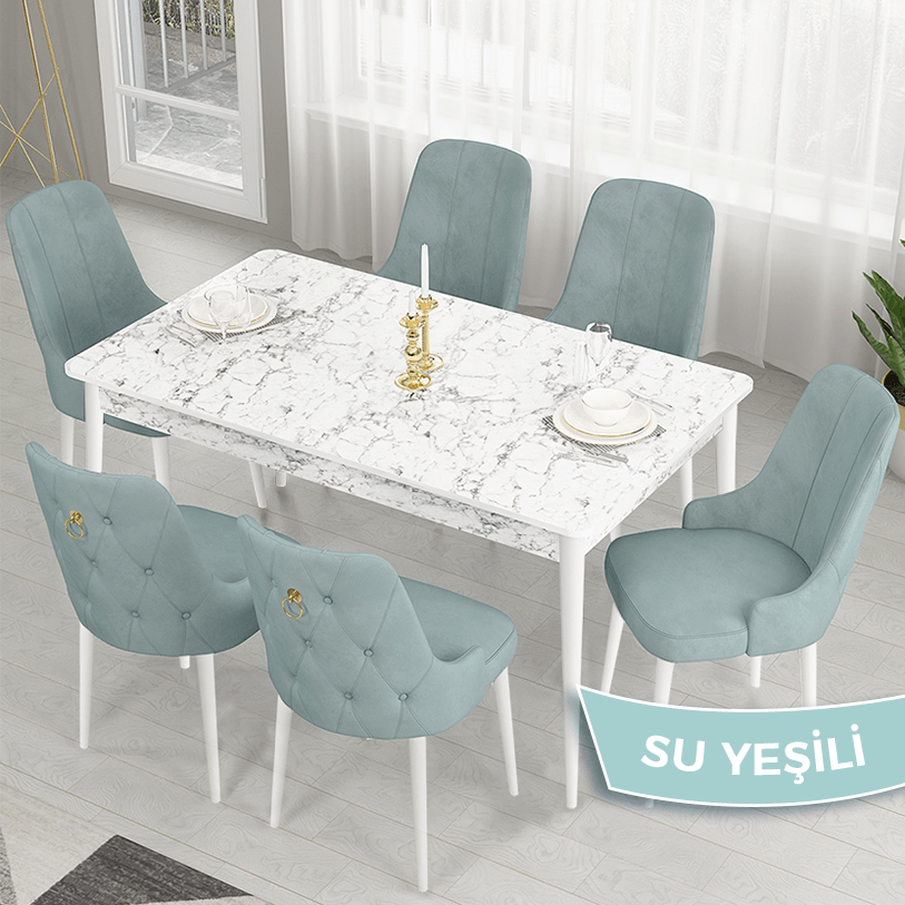 beyaz mermer masa,su yeşi̇li̇ sandalye