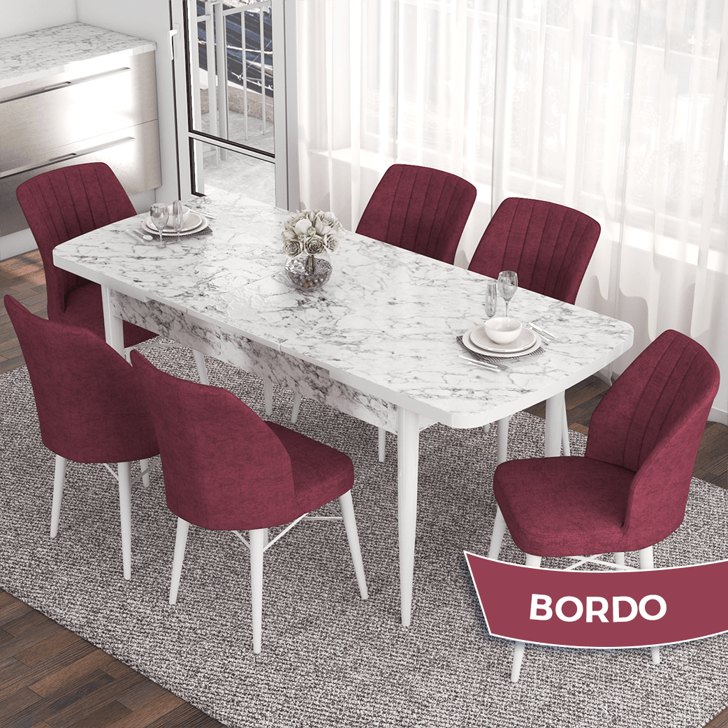 masa beyaz/sandalyeler bordo