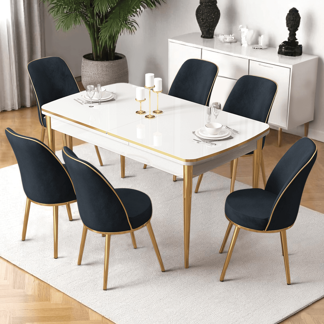 Nira Serisi 70x114 Mdf Açılabilir Beyaz Mutfak Masa Takımı 6 Sandalye Gold Detay