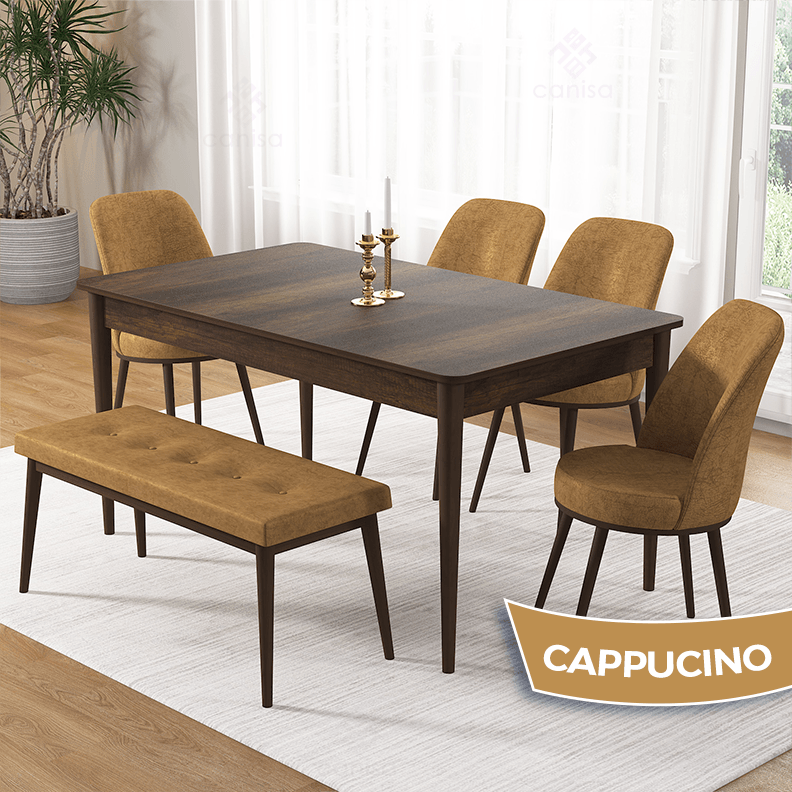 Pir Serisi 80x130 Sabit Barok Ahşap Desen Masa Takımı 4 Sandalye Ve 1 Bench