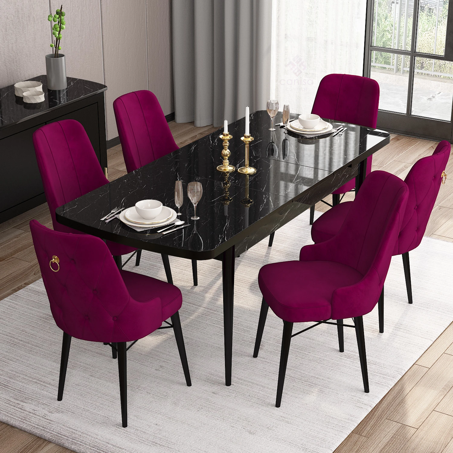 Are Serisi 80x132 Mdf Açılabilir Gold Halka Siyah Mermer Desen Masa Takımı Ve 6 Sandalye